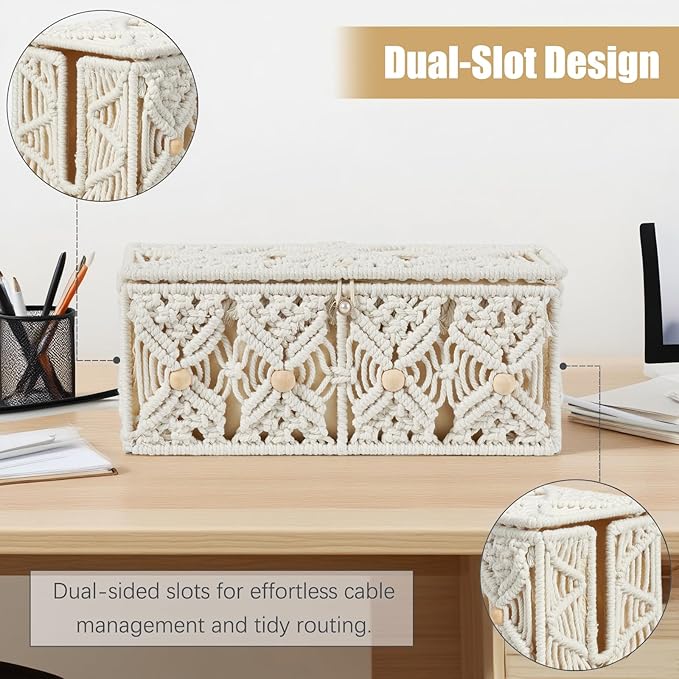Cable Management Box Handmade Macrame Cord Storage Organizer Power Strips Outlet Router Adapter TV Wire Hider Cover Under Desk Natural Cotton Rope Woven Boxes with Lid (Off White, Medium)