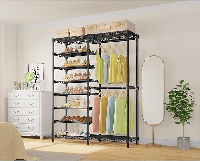 VIPEK S2 Heavy Duty Clothes Rack with Shoe Shelves Freestanding Clothing Rack with 8-Tier Shoe Rack, Double Hanging Rod, Adjustable Shelf, Walk in Closet Organizer Garment Rack, Black
