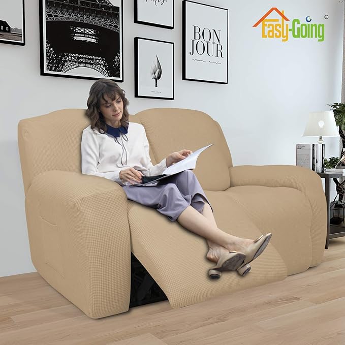 Easy-Going 6 Pieces Recliner Loveseat Stretch Sofa Slipcover Sofa Cover Furniture Protector Couch Soft with Elastic Bottom Kids, Spandex Jacquard Fabric Small Checks Sand