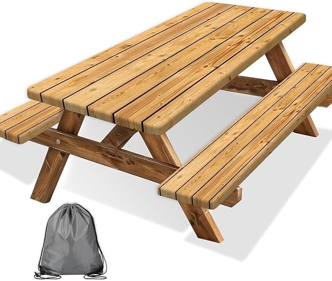 Rustic Brown Wooden Board Picnic Table Cover with Bench Covers, Farmhouse Rural Country Wood Waterproof Tablecloth for Patio Camping Indoor Outdoor Party Decorations with Drawstring Bag, 30X60in, 3PCS