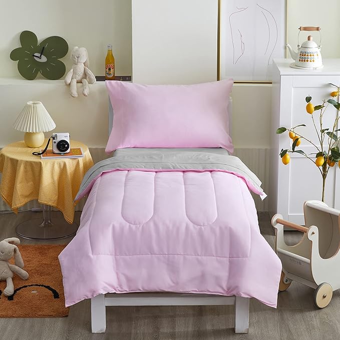 UOZZI BEDDING 4 Pieces Toddler Bedding Set Ultra Soft and Breathable Toddler Sheet Set - Includes Comforter, Flat Sheet, Fitted Sheet and Pillowcase - Pink & Gray