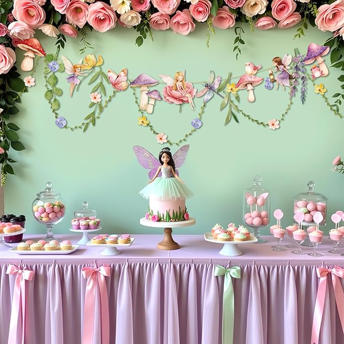 Fairy Mushroom Banner Wildflower Party Decorations Paper Flower Leaves Banner Fairy Garland for Wall Decoration Spring Baby Shower Wedding Backdrop Decorations