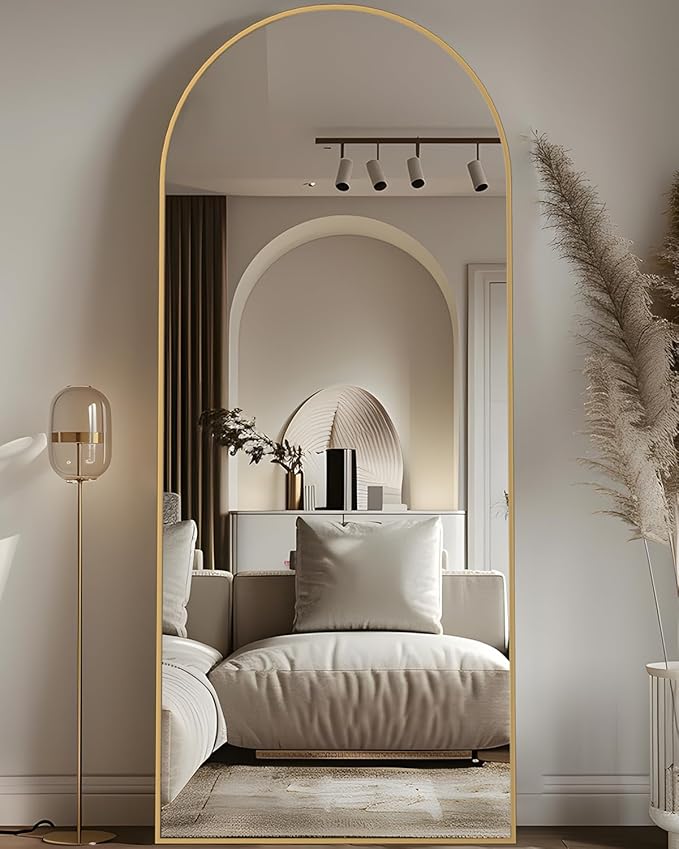 Full Length Mirror, 58"x18" Arched Floor Mirror Freestanding, Floor Standing Full Body Mirror with Stand for Bedroom, Hanging Mounted for Living Room Cloakroom, Gold