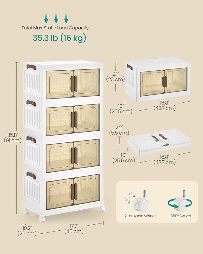 SONGMICS 26QT Plastic Storage Bins with 1 Lid, 4-Tier Stackable Bins with Doors and Wheels, Foldable Storage Boxes, for Closets, Bedroom, Living Room, Office, White URLB445WZ01