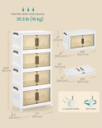 SONGMICS 26QT Plastic Storage Bins with 1 Lid, 4-Tier Stackable Bins with Doors and Wheels, Foldable Storage Boxes, for Closets, Bedroom, Living Room, Office, White URLB445WZ01