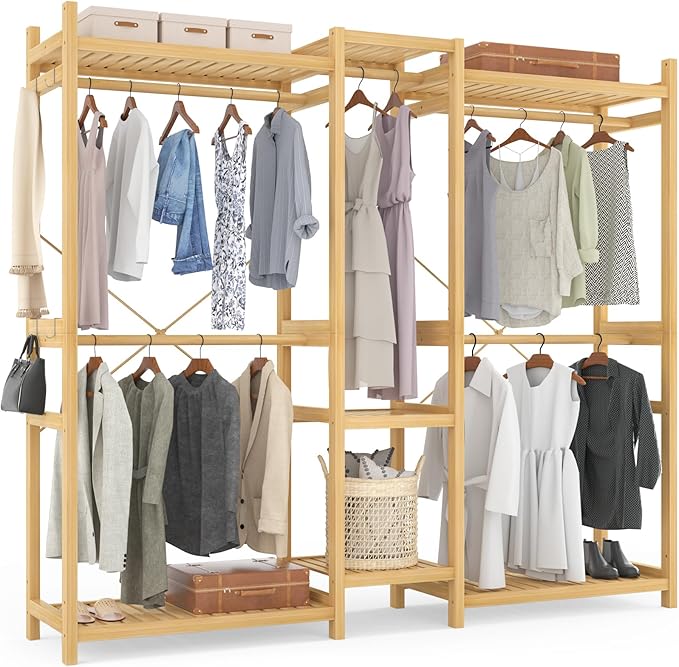 Homykic Bamboo Closet System Clothes Rack, Large Freestanding Garment Rack Clothing Rack for Hanging Clothes with 7 Storage Shelves and 5 Rods, Open Wardrobe Organizer with 4 Hooks, Natural