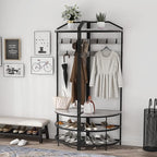 GiftGo Grey Corner Hall Tree with Shoe Bench Entryway Coat Rack with 10 Metal Movable Hooks Rustic Farmhouse Floorstanding Clothes Rack Shoes Shelf Organizer for Home Office Bedroom (Greige)