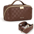 Prite Makeup Bag for Women Travel Waterproof Vegan Leather Cosmetic Bag Open Flat Toiletry Bag With Clear Divider and Handle (Plaid Brown, Medium)