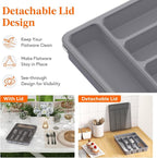 Lifewit Silverware Organizer with Lid, Covered Utensil Tray for Kitchen Drawer and Countertop, Plastic Cutlery and Flatware Storage Box for Spoons Forks Knives Holder Case, 23 x 32 cm, Gray