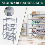 Smiry Long Bamboo Shoe Rack, 4 Tier Free Standing Wooden Shoe Organizer, Stackable Wood Shoe Storage Shelf for Closet, Entryway, 12 Vertical Slats, 2+2 Stack Standard Legs, 33.7"x11"x26", Grey