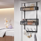 2-Tier Over Door Hook & Basket Organizer 12 Hooks + 2 Mesh Baskets for Bathroom Towels, Kitchen Pantry & Bedroom Storage, No-Drill Hanging Rack, Black