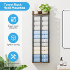 Towel Racks for Bathroom Wall Mounted with Wooden Storage Shelf, Updated 3 Bar Metal Towel Holder for Rolled Towels, Sturdy and Large Capacity, Towel Storage Organizer-Rustic