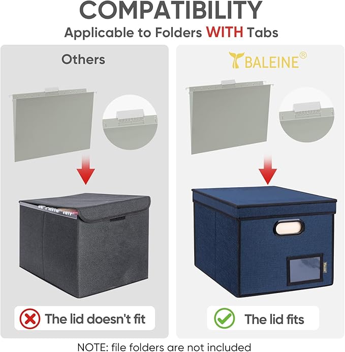 BALEINE File Organizer Box with Lid, Collapsible File Folder Organizer with Plastic Slide, Hanging File Folder Box for Office Document Storage (Tab Friendly, 1 Pack, Blue)