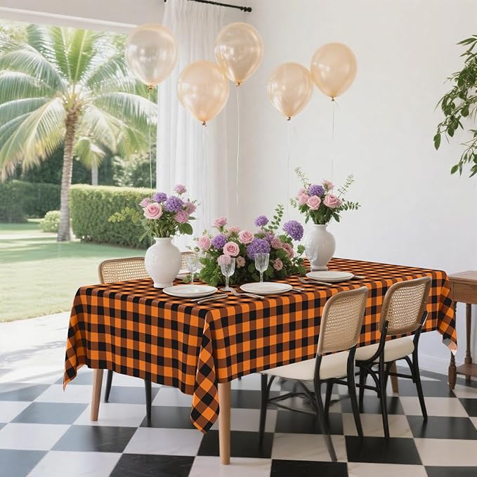 Smiry 3 Pack Gingham Disposable Table Cloth, 54 x 108 Inch Waterproof Plastic Tablecloth, Rectangle Black and Orange Checkered Table Covers for Picnic, Birthday, Party