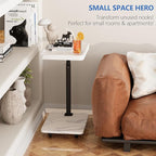 Adjustable Tv Trays for Eating on Couch That Slide Under,360° Swivel C Shaped End Sofa Side Snack Table with Wheels for Living Room and Bedroom, Bed,Chair, (White Marble+Black)