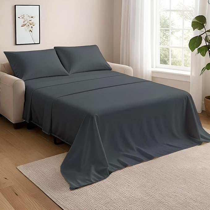 NON Sticky cotton Full Size Sleeper Sofa Sheets, 4 Piece Egyptian Cotton Bed Sheet Set for Sofa Bed, 6" Deep Pocket Fitted Sheet for Pull Out Couch Mattress, 54" x 75", Dark Grey Solid