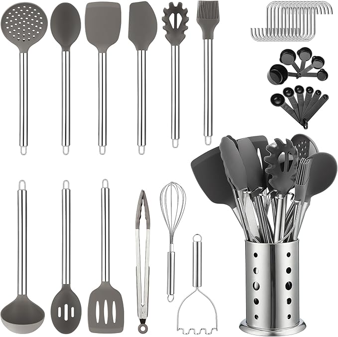 Kitchen Utensils Set, Kyraton 38 Pieces Non-Stick Silicone Cooking Utensils Set, Spoon Spatula Set with Sturdy Stainless Steel Utensil Holder, Dishwasher Safe