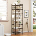 usikey 8 Tiers Narrow Shoe Rack 16-24 Pairs, Sturdy Metal Tall Shoe Rack with 4 Hooks, Slim Shoe Storage Organizer with Metal Shelf, Space Saving Vertical Shoe Shelf for Entryway BronzeUNYXJX016A