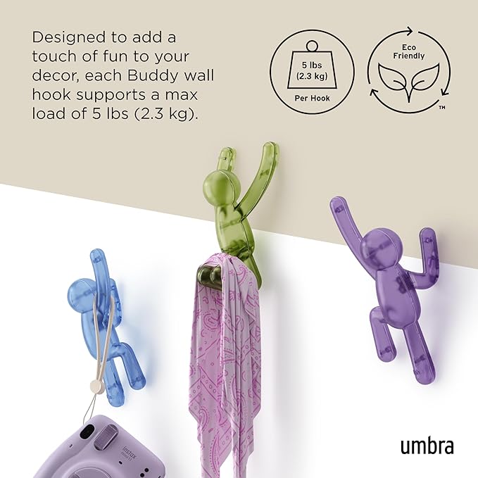 Umbra Buddy Wall Hooks – Drill-Free PIN-Point Decorative Wall Mounted Coat Hooks for Hanging Coats, Scarves, Bags, Purses, Backpacks, Towels & More, Set of 3, Assorted Gem Colors