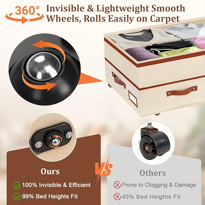 Dolicer 2 Pack Under Bed Storage with Wheels, 6in-10in Height Adjustable Underbed Storage Containers, 92L XXXL Under Bed Drawers Rolling Bin with Clear Lids for Dorm Shoes Clothes Organizers(Beige)