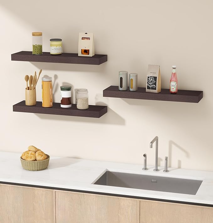 Vervida® Shelves for Wall Storage for Bathroom, Bedroom, Living Room, Kitchen, Hanging Shelf for Books/Storage/Room Decor with 32 Lbs Capacity Floating Wall Shelves (Brown, Set of 3, 24" W x 5.8" D)