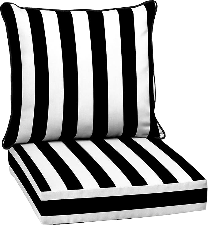 Arden Outdoor Deep Seat Cushion Set, 24 in x 24 in, Weather-Proof, Rain-Proof, Fade Resistant Patio Cushion for Chair, Sofa, and Couch Black Cabana Stripe