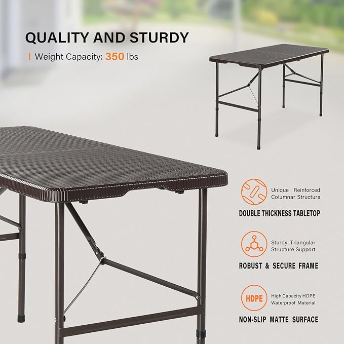 VINGLI 4 FT Plastic Folding Camping Table, Portable in/Outdoor Party Picnic Dining Desk,Garden Soccer Multipurpose Entertaining Activities, Brown