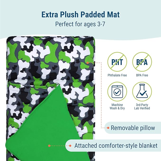 Wildkin Kids Original Nap Mat – Cozy Kids Sleep Mat with Pillow, Ideal for School & Travel - Camo Green