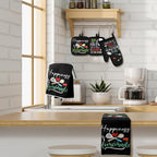 Sratte 6 Pcs Kitchen Decor Accessories Set Farmhouse Towels Pot Holders Oven Mitts Set 2 Dish Towels 2 Potholders 2 Cooking Mittens Oven Glove for Christmas Baking Cooking (Black Color)