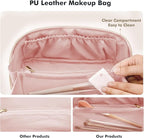 Prite Makeup Bag for Women Travel Waterproof Vegan Leather Cosmetic Bag Open Flat Toiletry Bag With Clear Divider and Handle (Plaid Pink, Medium)