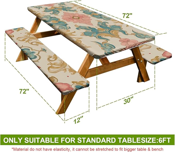 Vintage Floral Picnic Table Cover with Bench Covers Set of 3-European Symmetrical Flowers Pattern,Elastic Fitted Tablecloth for 6 Ft Tables, Washable Polyester Cover for Camping, Indoor & Outdoor
