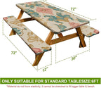 Vintage Floral Picnic Table Cover with Bench Covers Set of 3-European Symmetrical Flowers Pattern,Elastic Fitted Tablecloth for 6 Ft Tables, Washable Polyester Cover for Camping, Indoor & Outdoor