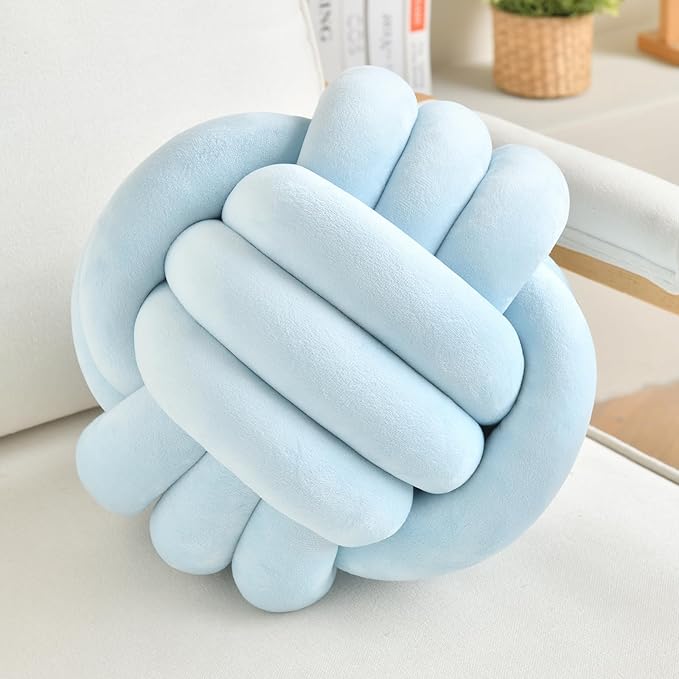 Decorative Throw Knot Pillow Ball for Home Chair Sofa Couch Bed Aesthetic Round Velvet Knotted Pillow Cushion (Ice Blue, 8inches)