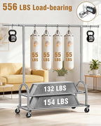EAGMAK Heavy Duty Clothes Rack for Hanging Clothes Load 556 LBS, Height Adjustable Rolling Clothing Racks, Portable Metal Coat Rack Garment Wardrobe with Wheels and Shelves for Bedroom Laundry, Silver