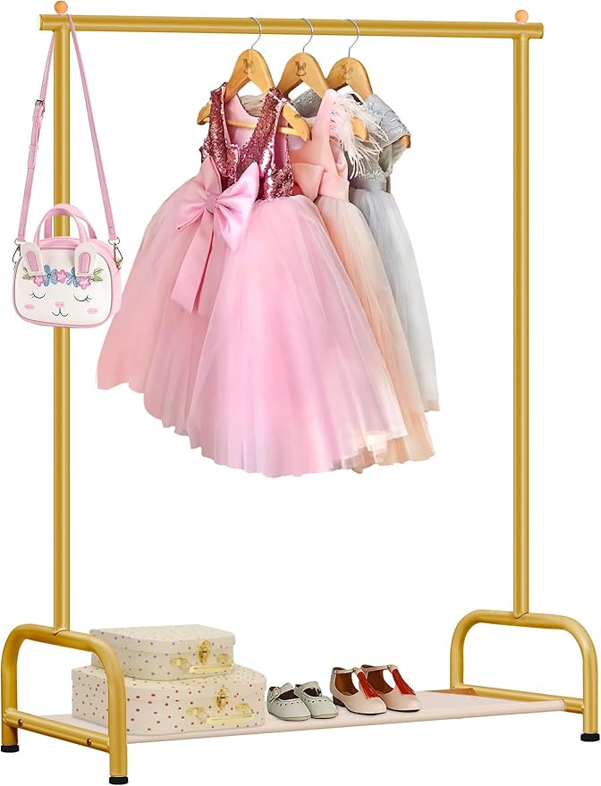 SLEEPING LAMB Baby Clothing Rack, Small Kids Clothes Rack with Bottom Storage Shelf, Child Clothes Hanger Rack for Coats, Metal Dance Costume Garment Rack for Hanging Clothes, Gold