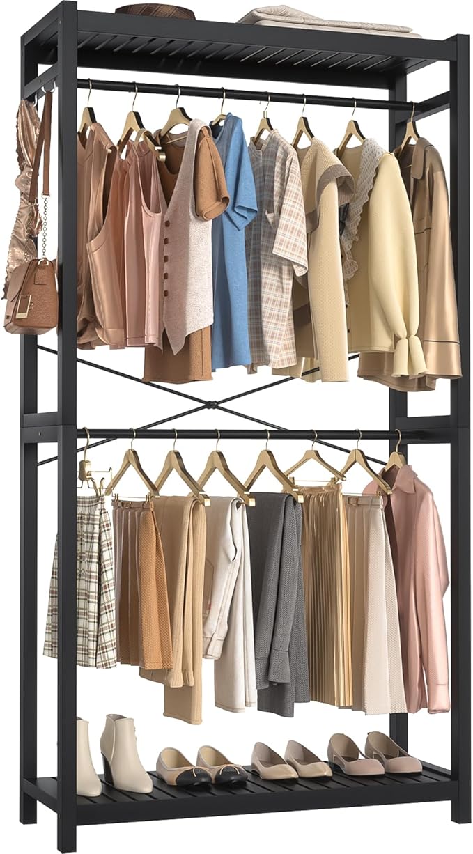 Homykic Bamboo Clothes Rack with Shelves and Double Hang Rods, Portable Closet System Garment Rack for Hanging Clothes, Tall Clothing Rack Corner Closet Organizer, Easy to Built, Freestanding, Black