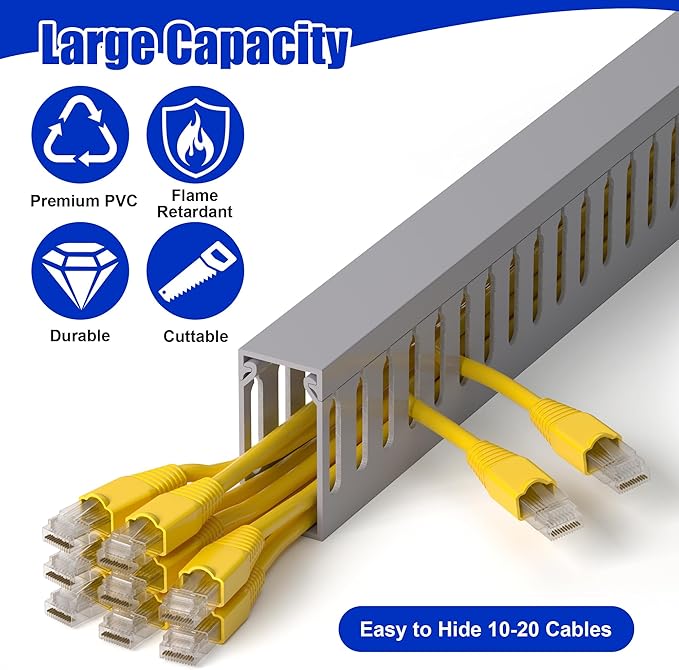 ZhiYo H2in x W1in Server Rack Cable Management Raceway, 99in (6X L16.5in) Cable Raceway Kit, Electrically Safe PVC Open Slot Wire Cover, Cord Hider for Under Desk/Computer/Network Cords, Grey