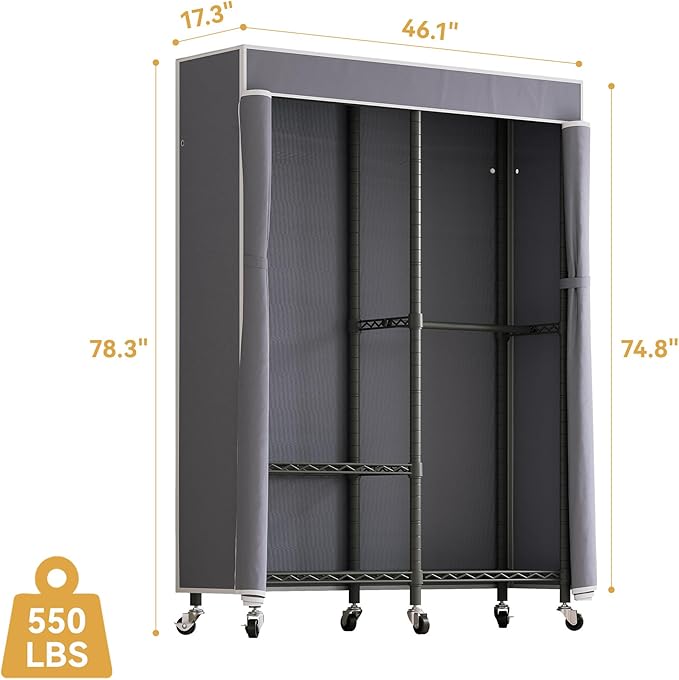 Higeego H9 Heavy Duty Rolling Clothes Rack with Cover, Covered Garment Rack with Wheels and Shelves, Wardrobe Closet, Portable Closet for Hanging Clothes, Black Clothing Rack with Grey Cover
