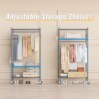 Homdox Narrow Rolling Garment Rack with Double Rods and 3 Adjustable Shelves, Compact Portable Closet Organizer for Bedroom, Dorm, Laundry Room, 23.62" W x 16.54" D x 80.71" H, Gray