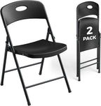 2 Pack Black Folding Chair, Plastic Portable Stackable Commercial Seats with Steel Frame 350lb, Heavy Duty Foldable Chair for Indoor and Outdoor, Patio, Office, Picnic, Kitchen, Events