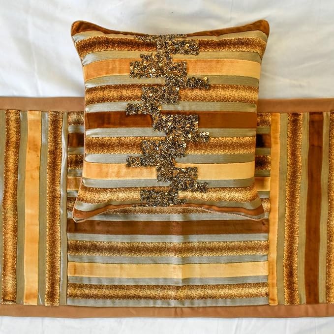 The HomeCentric King/Queen/Twin Gold & Brown Decorative King 90"x18" Bed Runner with One Pillow Cover, Striped, Beadwork & Handmade Bed Scarf on Velvet Fabric - Streamlined
