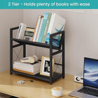ELITEROO Desktop Bookshelf, 2 Tier Desk Book Organizer Shelf, Wood Tabletop Bookshelf Storage, Small Desk Top Bookcase for Office, Home, or Study, Mini Table Book Rack for Display, Black