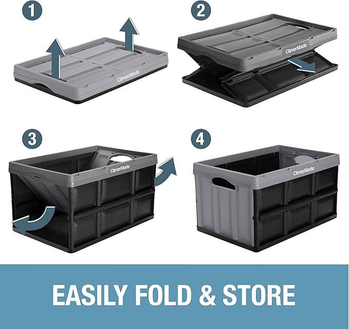 CleverMade Collapsible Storage Bins 62L (3-Pack) – Heavy Duty Collapsible Plastic Storage Bins, Large Stackable Folding Storage Bins for Garage, Car, Grocery & Home Organization - Stone