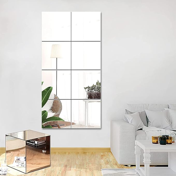 JUNEBRUSHS 8 Pack Self Adhesive Acrylic Mirror, Flexible Plastic Sheets Wall Stickers,2MM Thick Mirror,Frameless Small Mirror