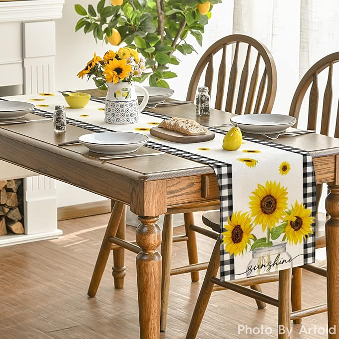 Artoid Mode Buffalo Plaid Sunflower Sunshine Vase Summer Table Runner, Spring Kitchen Dining Table Decoration for Home Party Decor 13x90 Inch