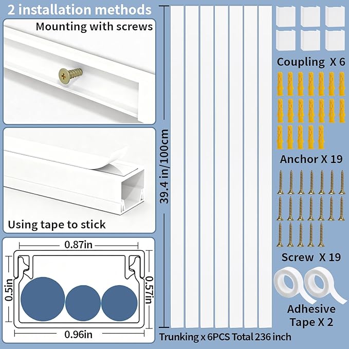 236in Cord Hider Kit, Cord Covers for Wires on Wall, Long, Large, Cord Hider for Wall Mount tv, Paintable Cable Raceway, tv Cable Hider Wall kit, Wire Covers for Cords,6X(L39.4in W0.95in H0.5in) White