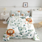 Erosebridal Cute Lion Bedding Twin Size for Kids Child Green Eucalyptus Comforter Set Twin, Woodland Animal Duvet Insert Plant Leaves Quilt Comforter, Cartoon Wildlife Bedding Comforters & Sets