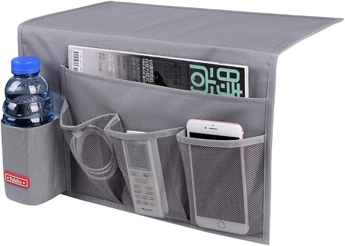 Bedside Caddy,5 Pockets Bedside Organizer Caddy Under Mattress,Holds Water Bottles,Magazines,Books (Dark Grey)