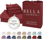Bella Coterie 7 Piece Luxury Bamboo Viscose Split King Size Sheet Set | 2 Fitted Sheets for Adjustable Beds | 100% Organically Grown | Cooling for Hot Sleepers | 4 Pillowcases [Merlot]