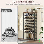 MAHANCRIS 10 Tier Shoe Rack Organizer for Closet, Holds 36-40 Pairs, Tall Metal Shoe Storage Shelf for Entryway Bedroom, Sturdy Freestanding Shoe Rack Space Saving, Large Capacity, Rustic Brown
